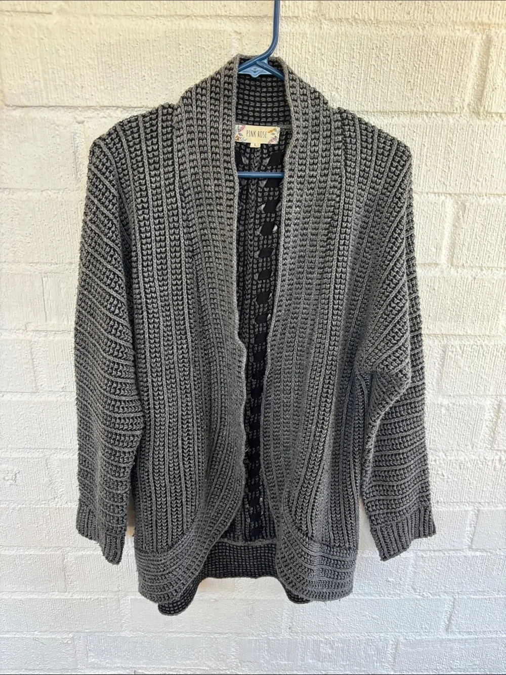 Pink Rose Gray Open-Front Knit Cardigan sz L